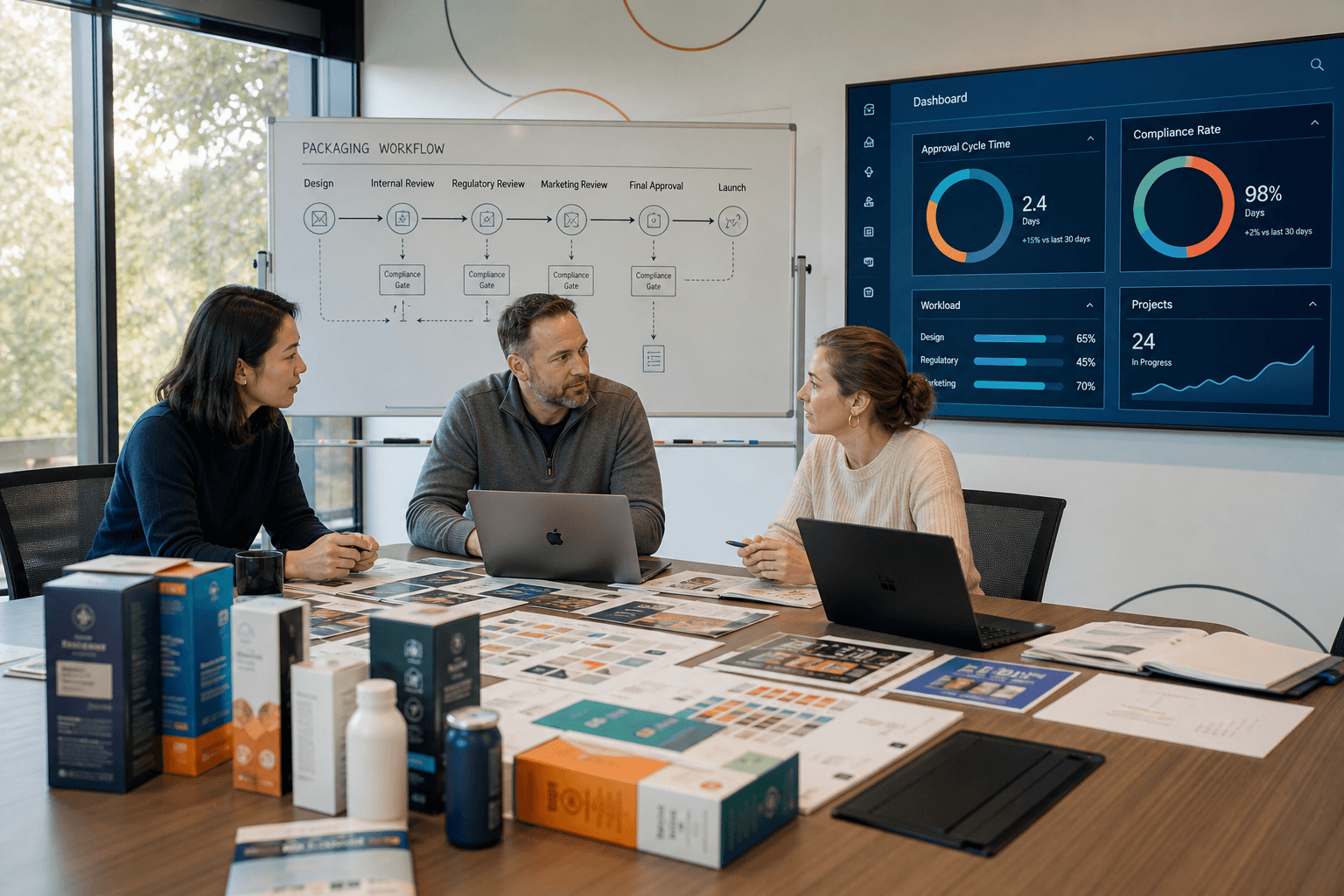 Dynamic Packaging Team Meeting in Modern Office