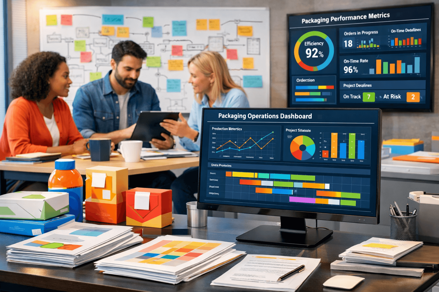 Modern Office Workspace with Digital Dashboard and Packaging Artwork