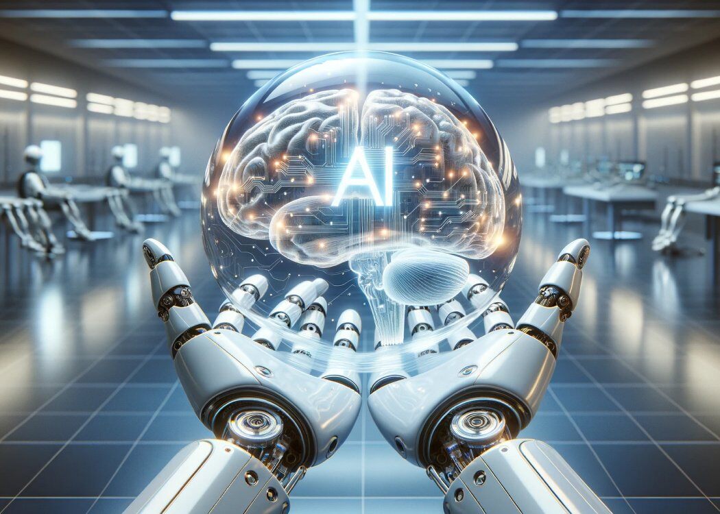 robot hands holding a transparent crystal brain with an 